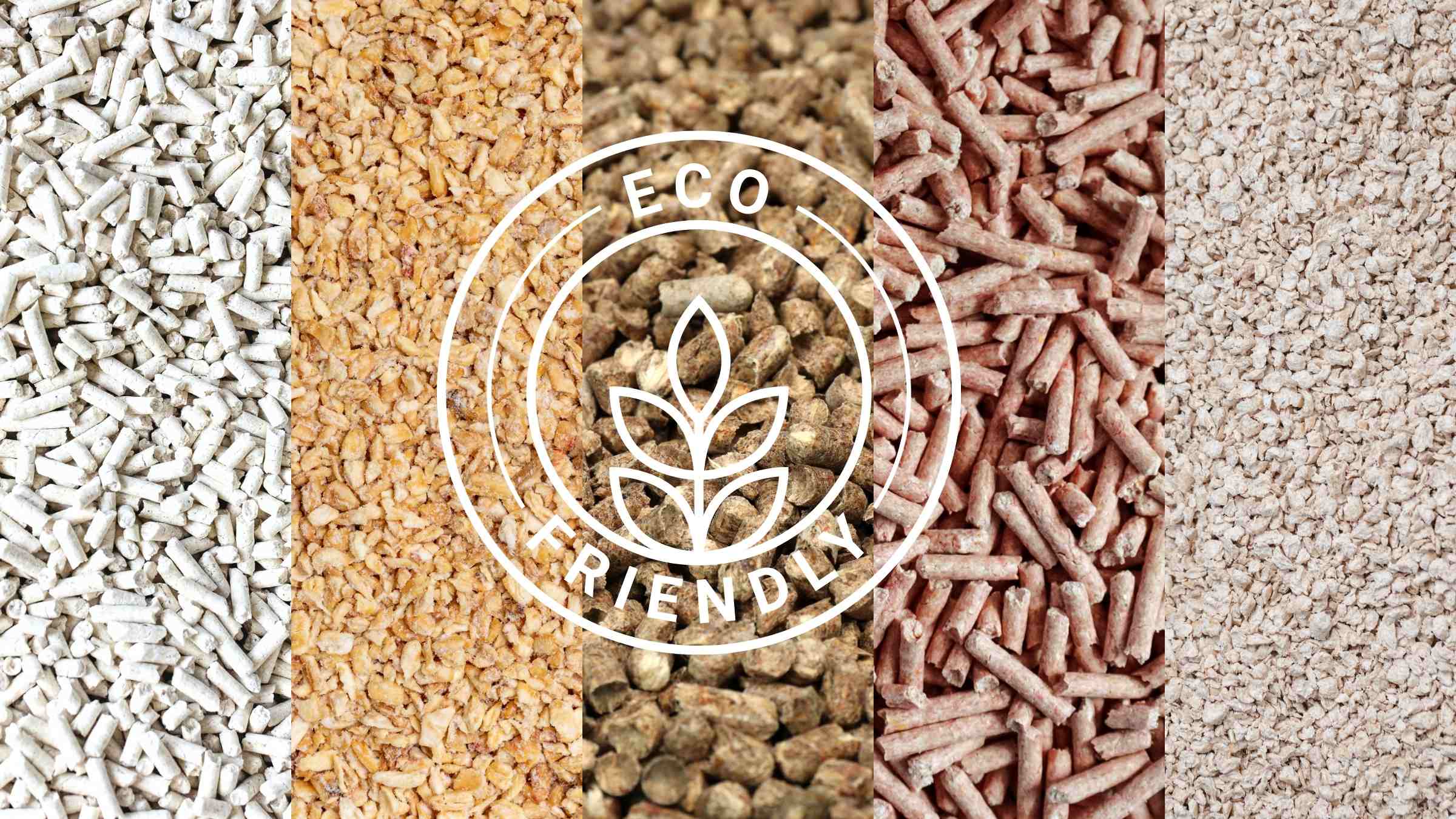 Comparison of eco-friendly natural cat litter types, including tofu, wood, and paper pellets, showcasing biodegradability and sustainability for environmentally conscious pet owners.