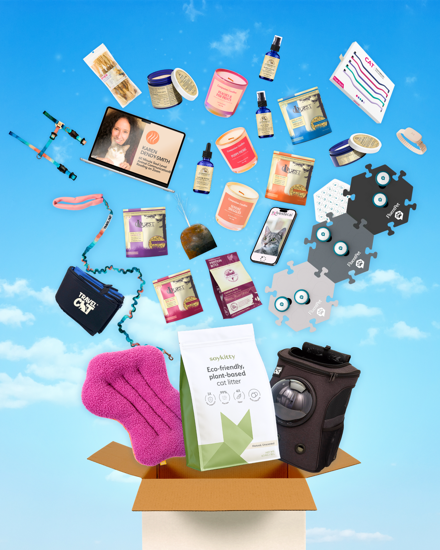 Open cardboard box with SoyKitty eco-friendly plant-based cat litter and assorted cat care products flying out against a blue sky with clouds.