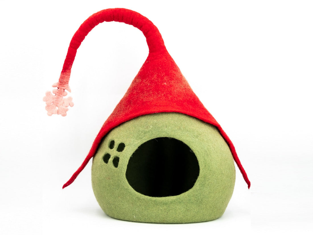 Green pet bed with a red gnome hat on a white background