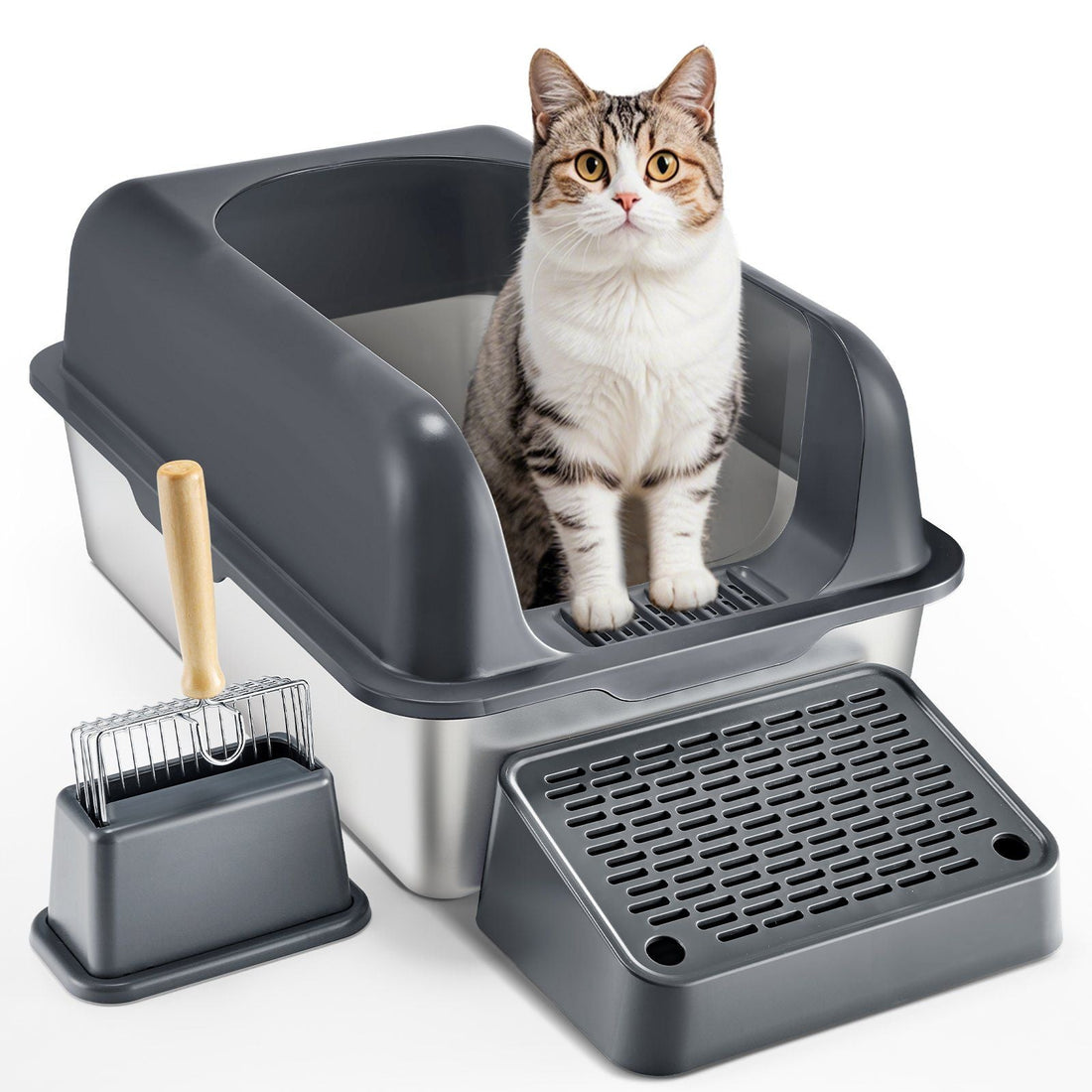 Odor-Free Stainless Steel Cat Litter Box with High Walls & Scoop – XL Capacity