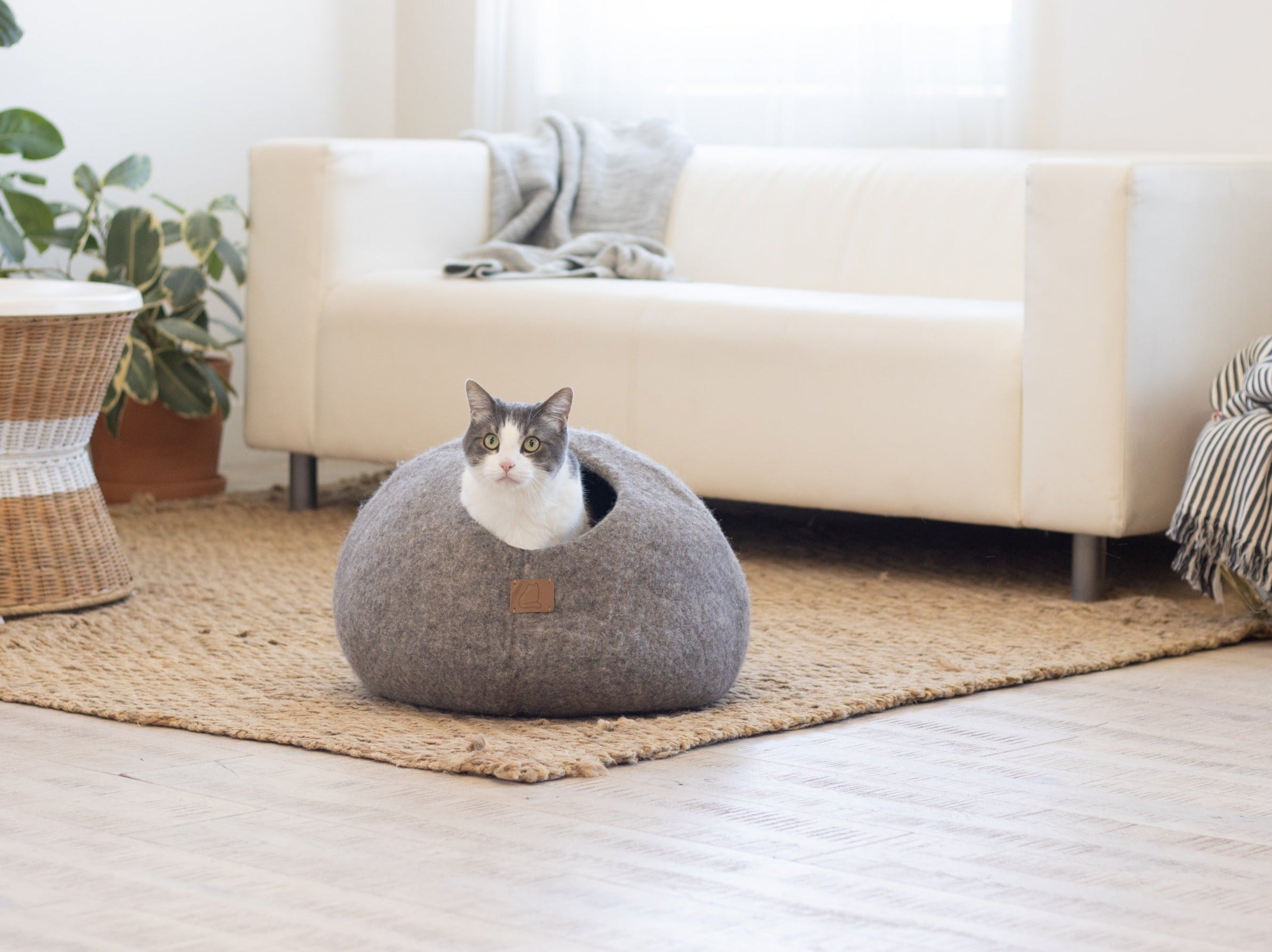 Cat sitting inside SoyKitty Earth Brown felted wool cat cave bed in a modern living room with neutral decor