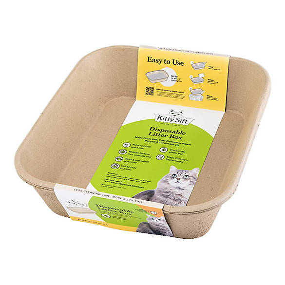 A KittySilt disposable cat litter box made of natural brown kraft paper, with its retail packaging label attached. The label features a yellow &