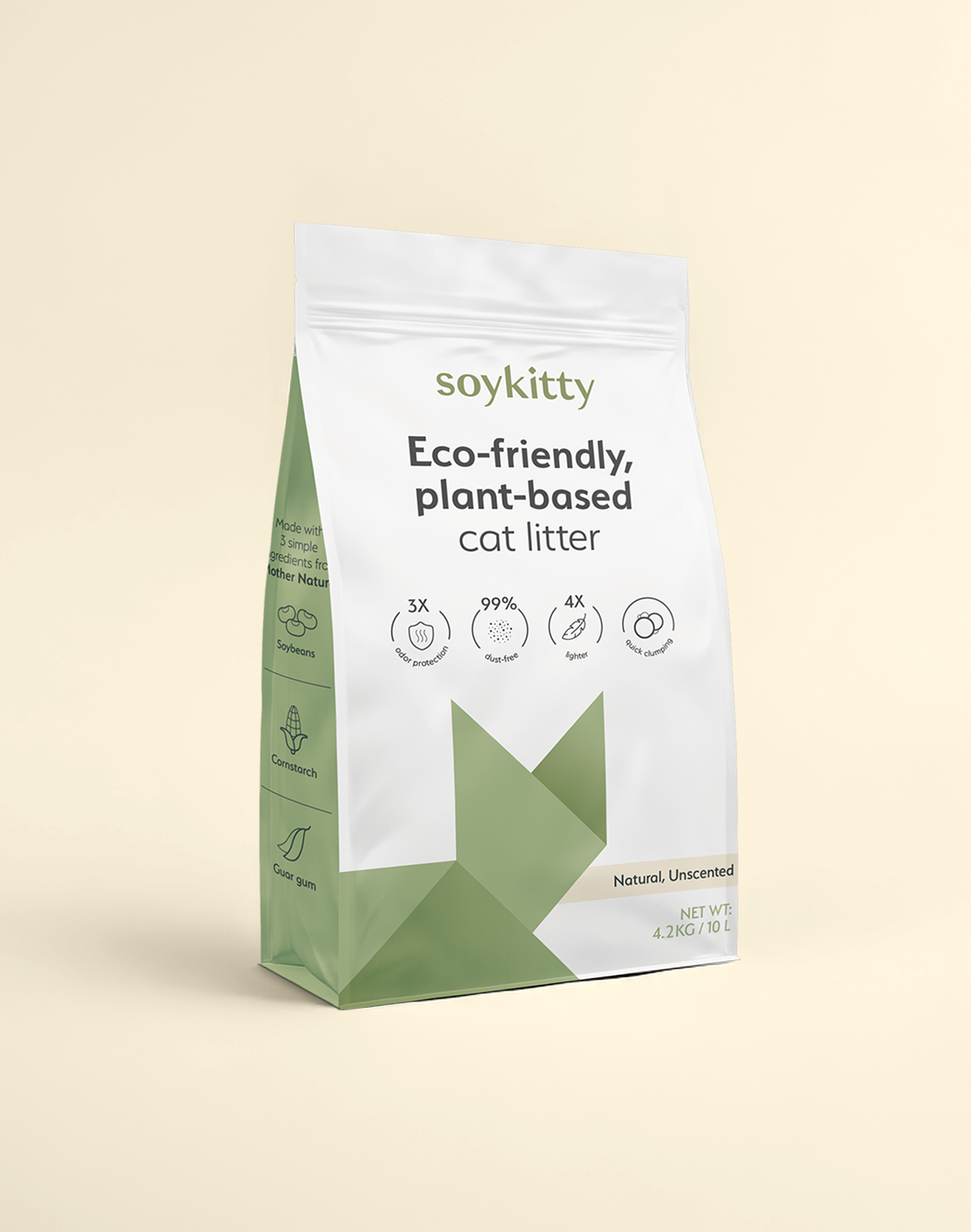Semi-frontal view of a SoyKitty unscented eco-friendly plant-based cat litter bag against a light background.