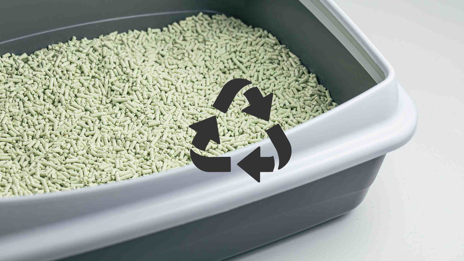 Eco-friendly plant-based cat litter in a litter box with a recycling symbol, illustrating sustainable ways to dispose of cat litter responsibly.