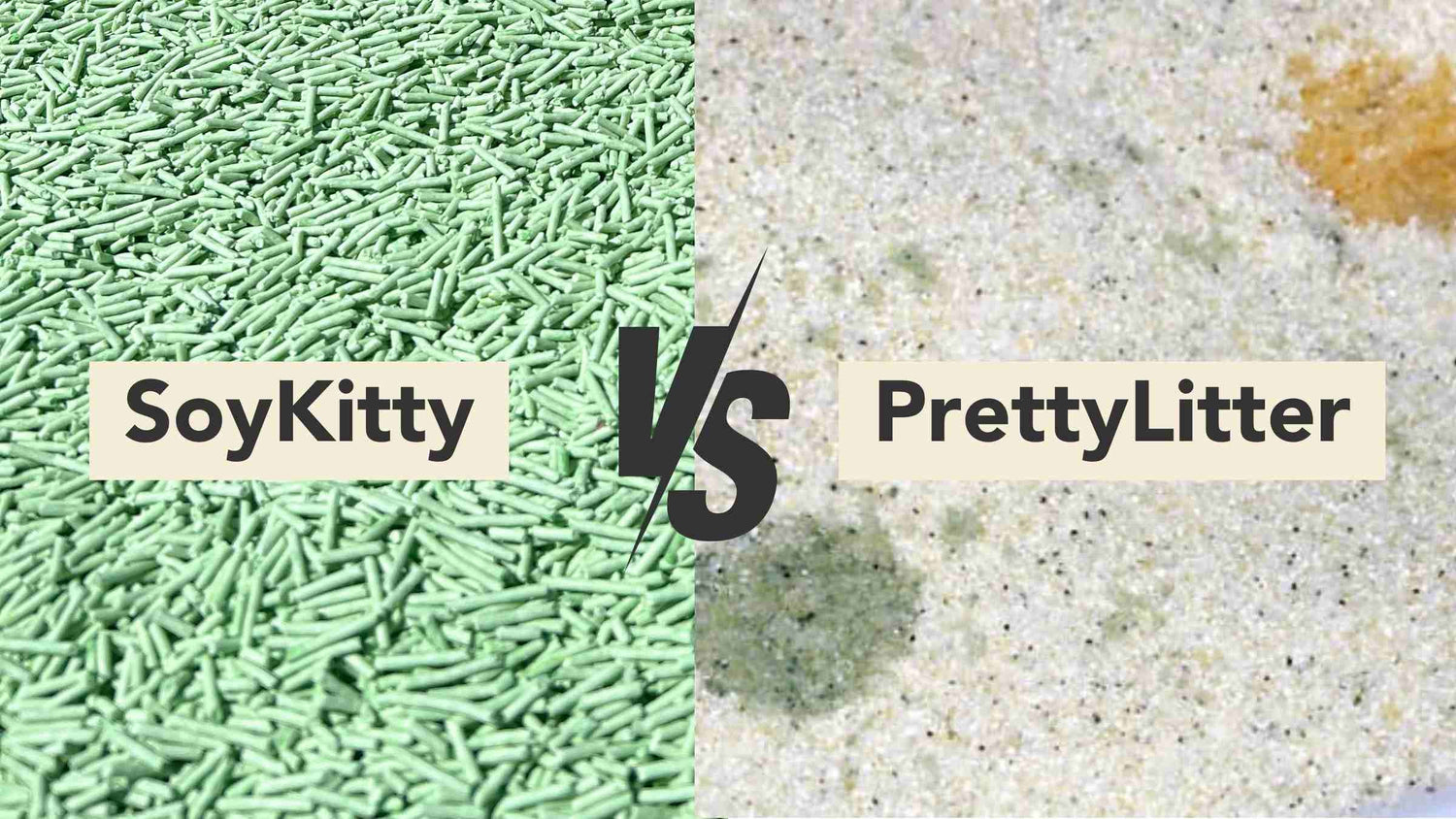 Comparison of SoyKitty and PrettyLitter, the safest litters for cats, showing the texture and material differences between eco-friendly SoyKitty and silica-based PrettyLitter.