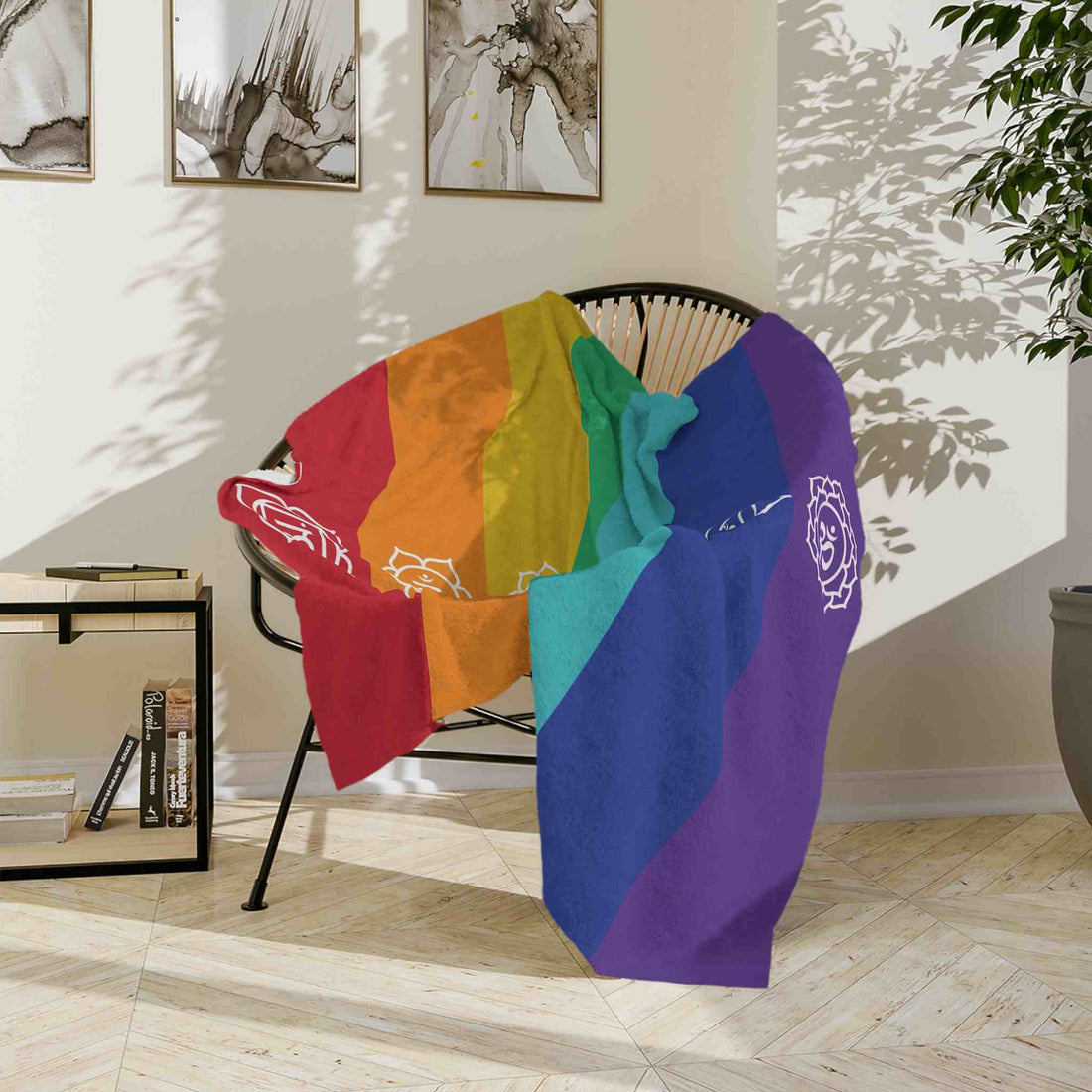 7 Chakra Healing Blanket casually placed on a chair, perfect for meditation, pet therapy, or holistic healing.