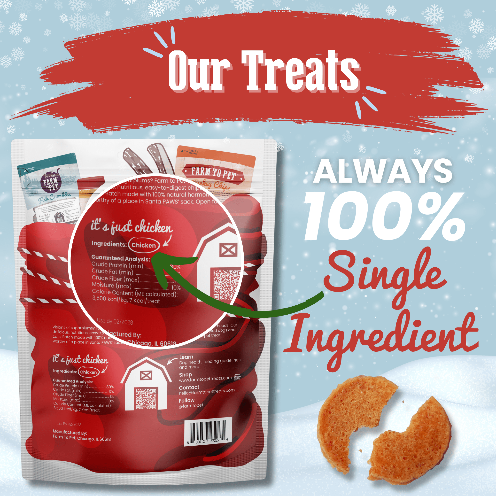 Holiday Chicken Chip Treats for Cats | Single Ingredient, 100% Human-Grade Chicken Breast