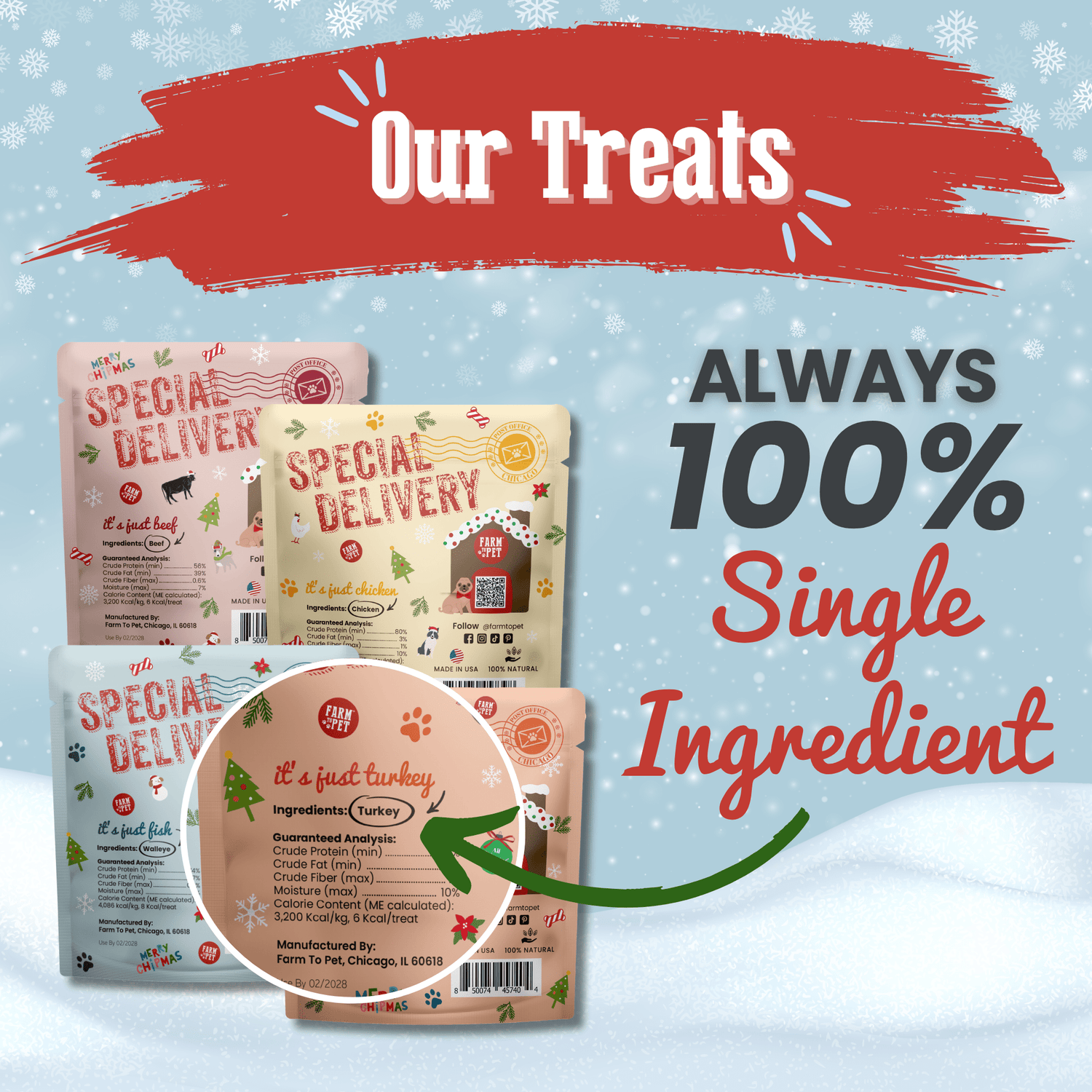 Holiday Assortment Single Ingredient Treat Bundle | Beef, Chicken, Turkey, and Fish