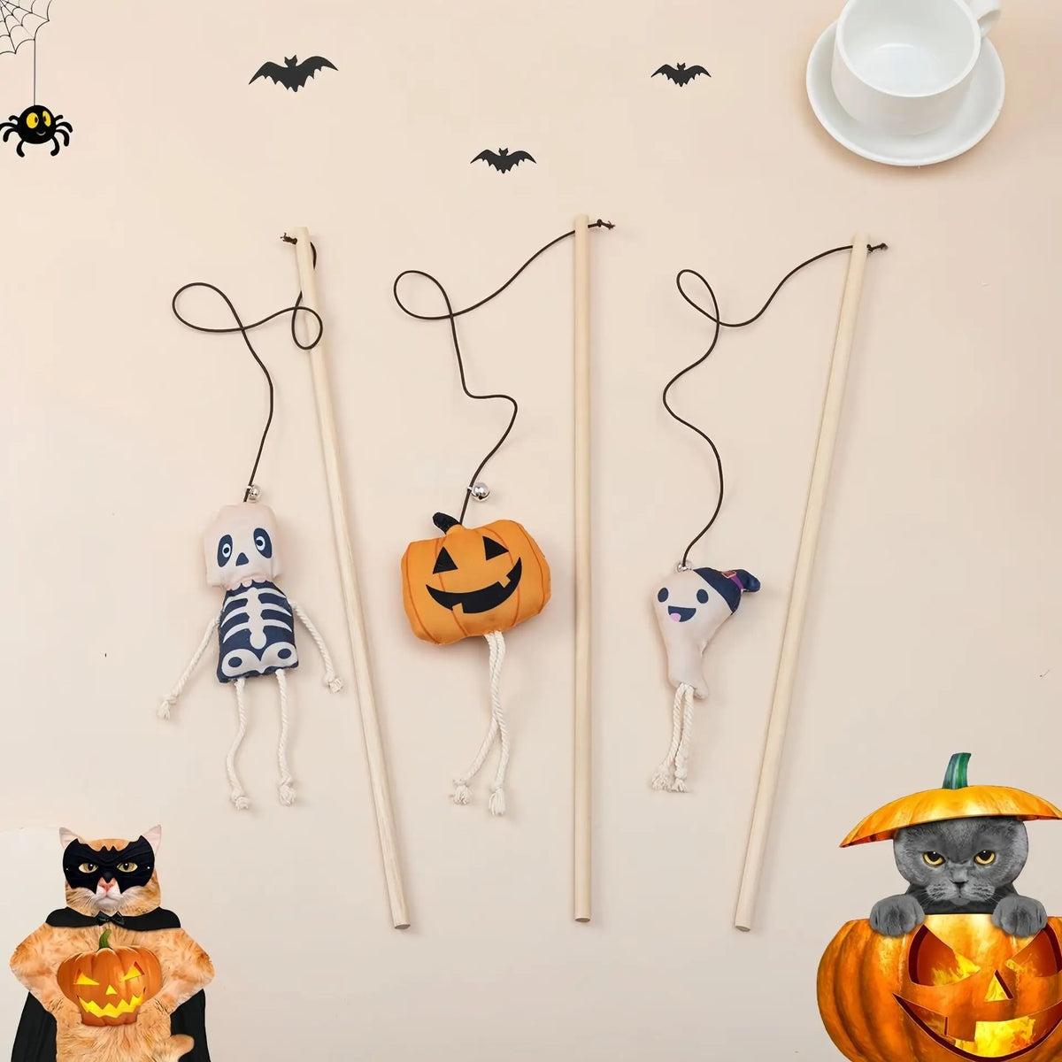 Halloween-themed cat toys with pumpkins, skeletons, and cats on a beige background.