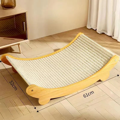 Wooden pet ramp with sisal surface on a wooden floor, showing dimensions.