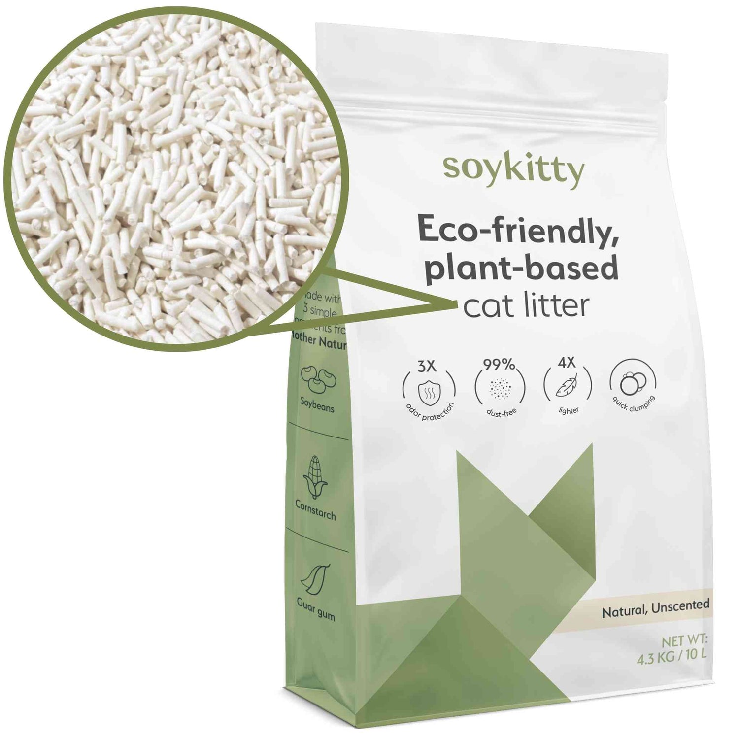 1 bag of SoyKitty eco-friendly plant-based cat litter with a close up view of natural, unscented pellets, highlighting features like odor protection, dust-free formula, lightweight, and tight clumping ability.
