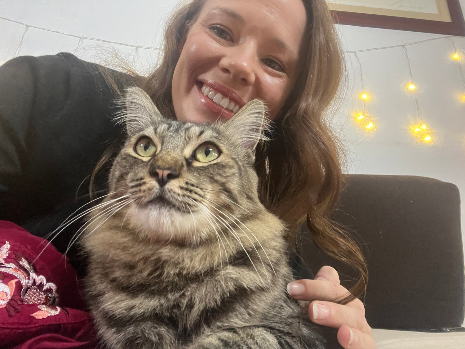 Photo of SoyKitty Co-Funder, Ashley, smiling at the camera while holding one of her cats, Joey.