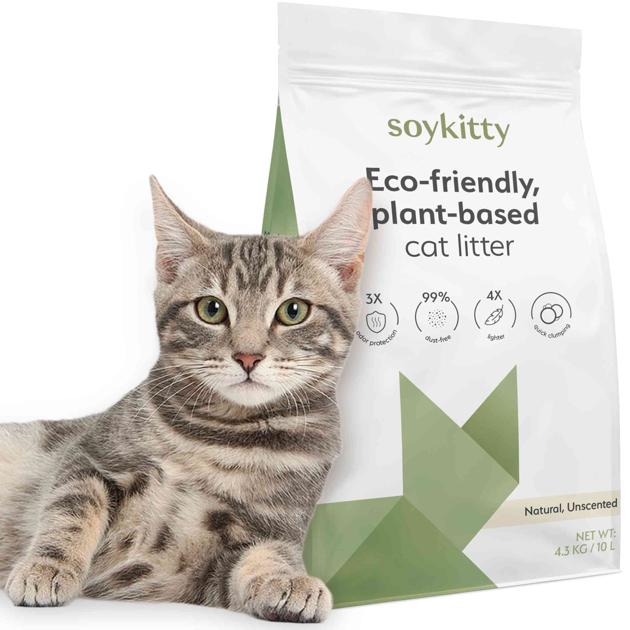 Tabby cat lounging next to a bag of SoyKitty eco-friendly, plant-based cat litter, emphasizing natural, safe, healthy, and biodegradable qualities.