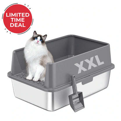 XXL Stainless Steel Cat Litter Box with Lid &amp; Scoop