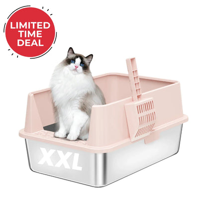 XXL Stainless Steel Cat Litter Box with Lid &amp; Scoop