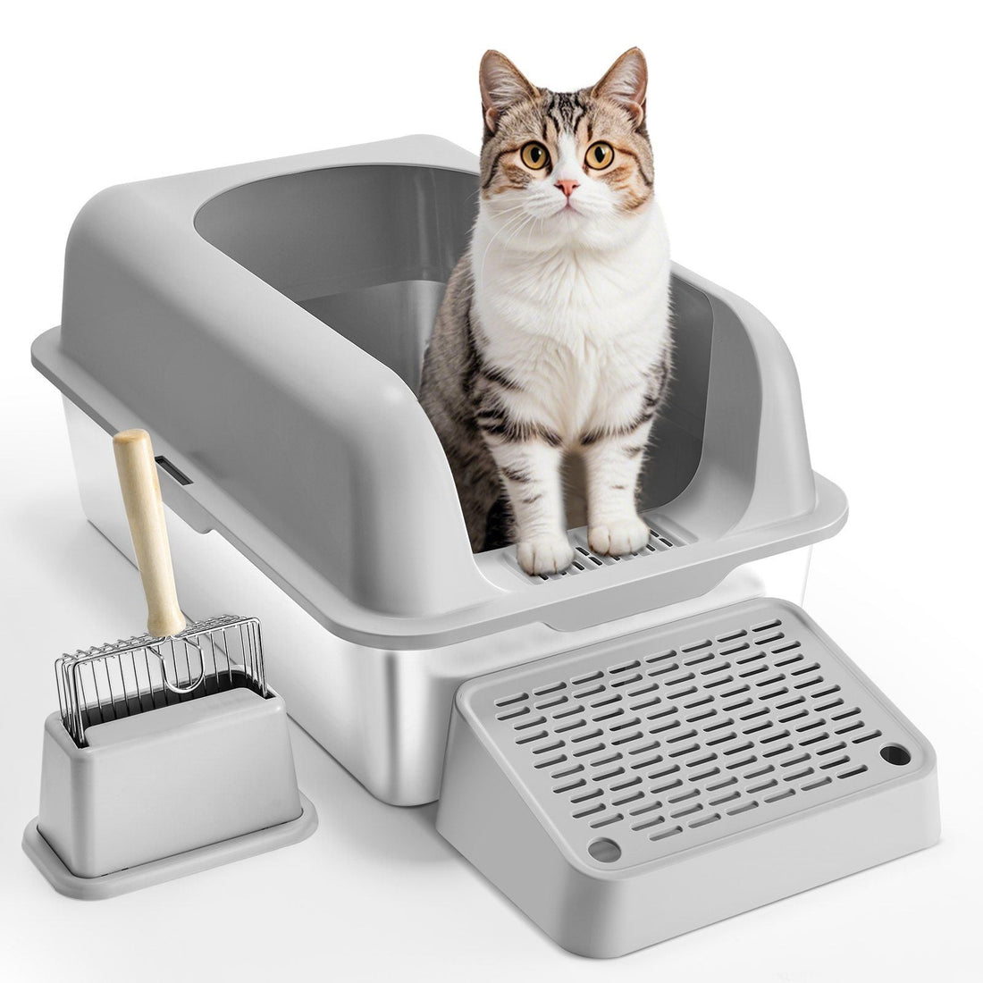 Odor-Free Stainless Steel Cat Litter Box with High Walls & Scoop – XL Capacity