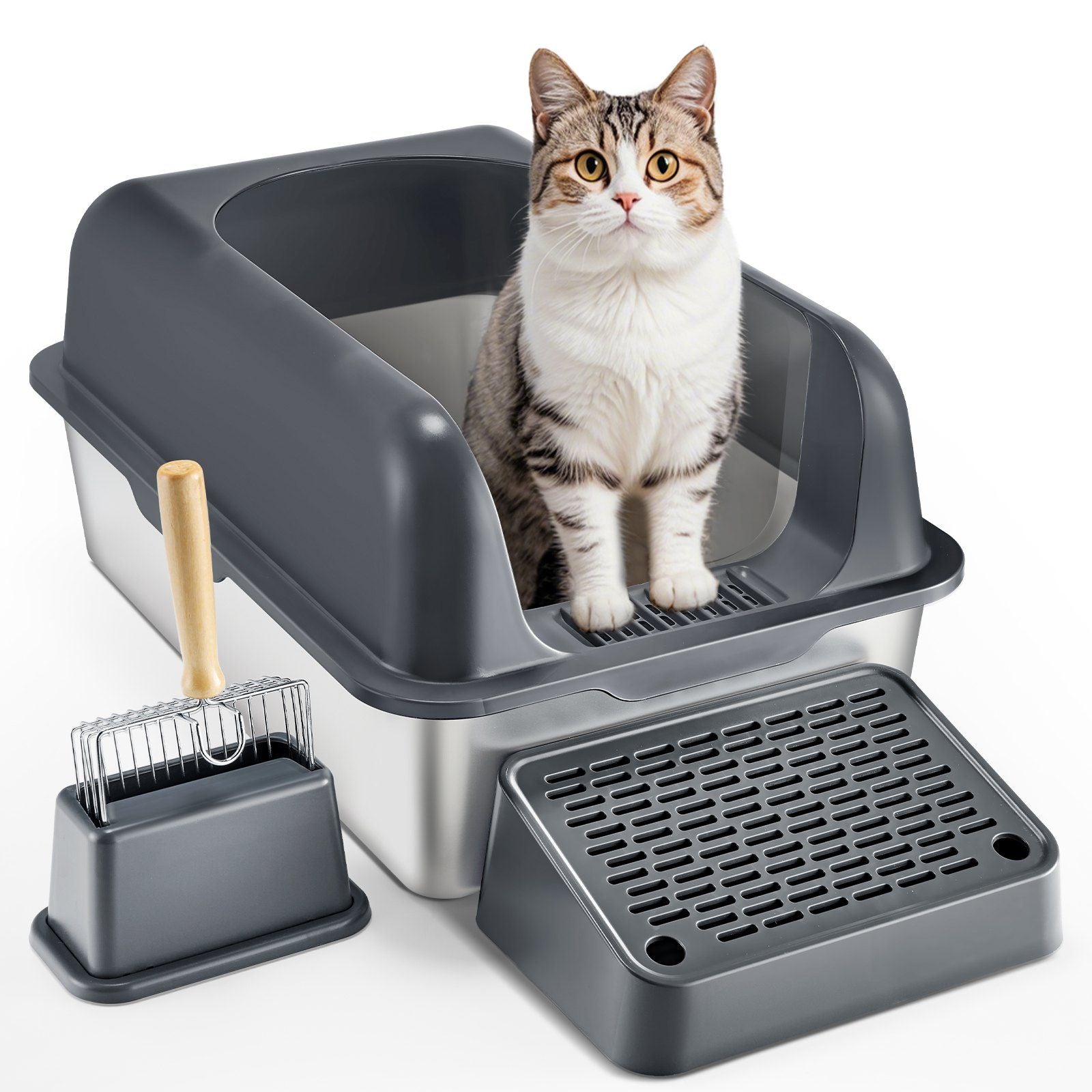 Odor-Free Stainless Steel Cat Litter Box with High Walls &amp; Scoop – XL Capacity