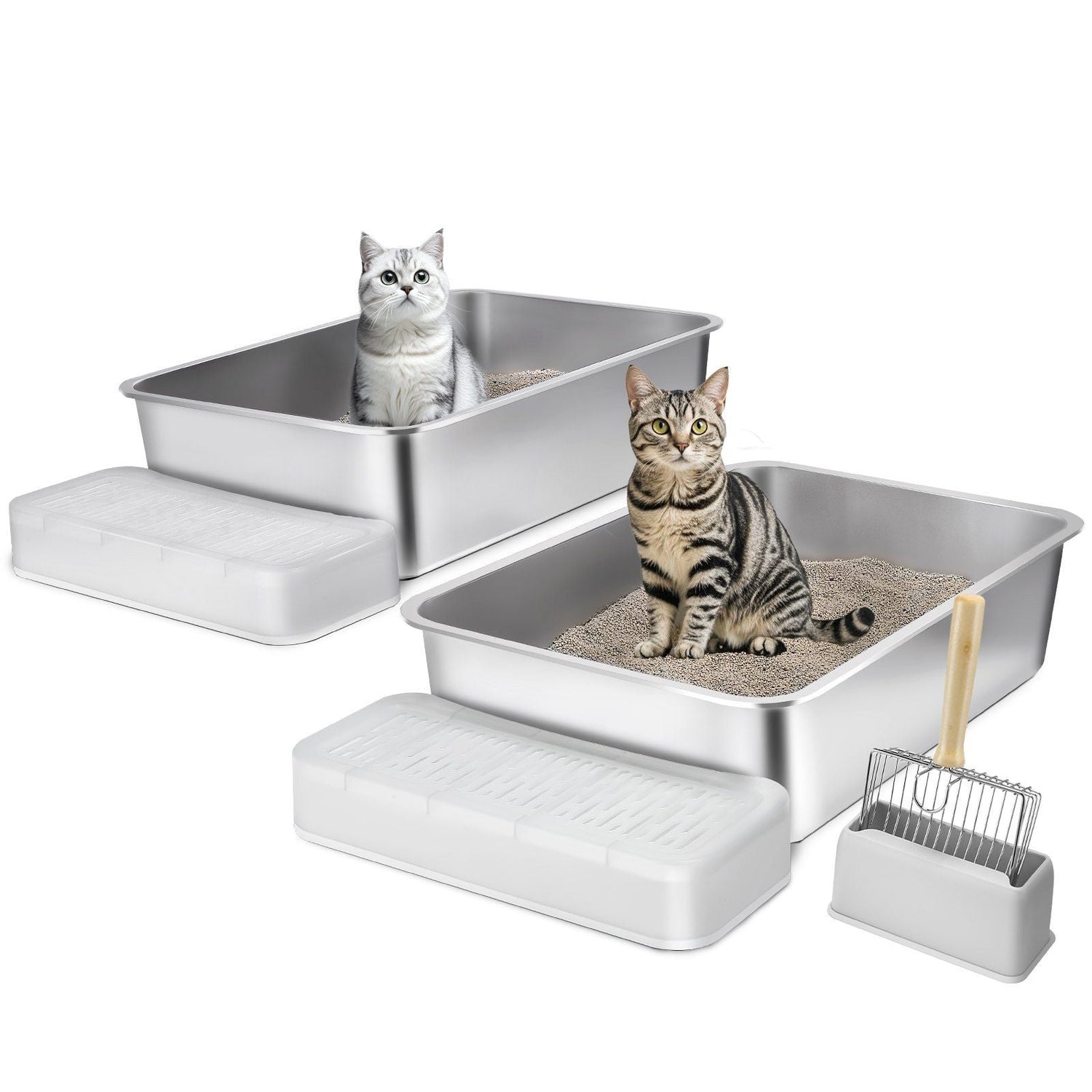 Odor-Free Stainless Steel Cat Litter Box with High Walls &amp; Scoop – XL Capacity