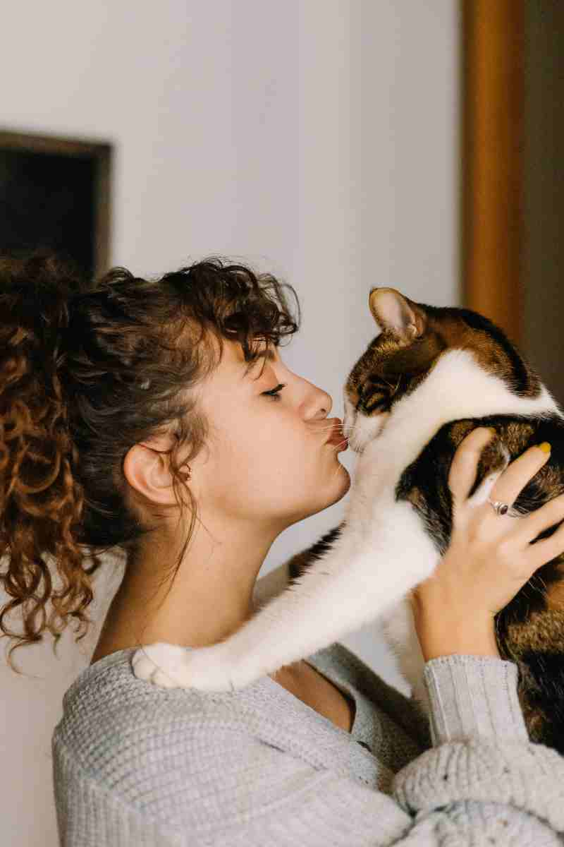 Hispanic woman holding a cat. SoyKitty...cat litter made by cat people for cat people.