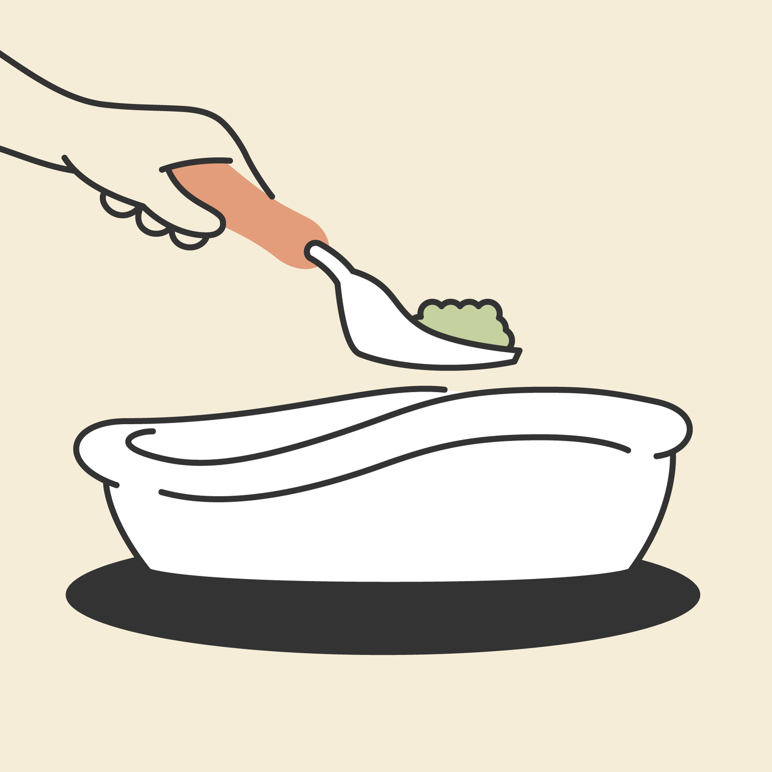 Lineart illustration of a hand holding a scooper, lifting a clump from a litter box.