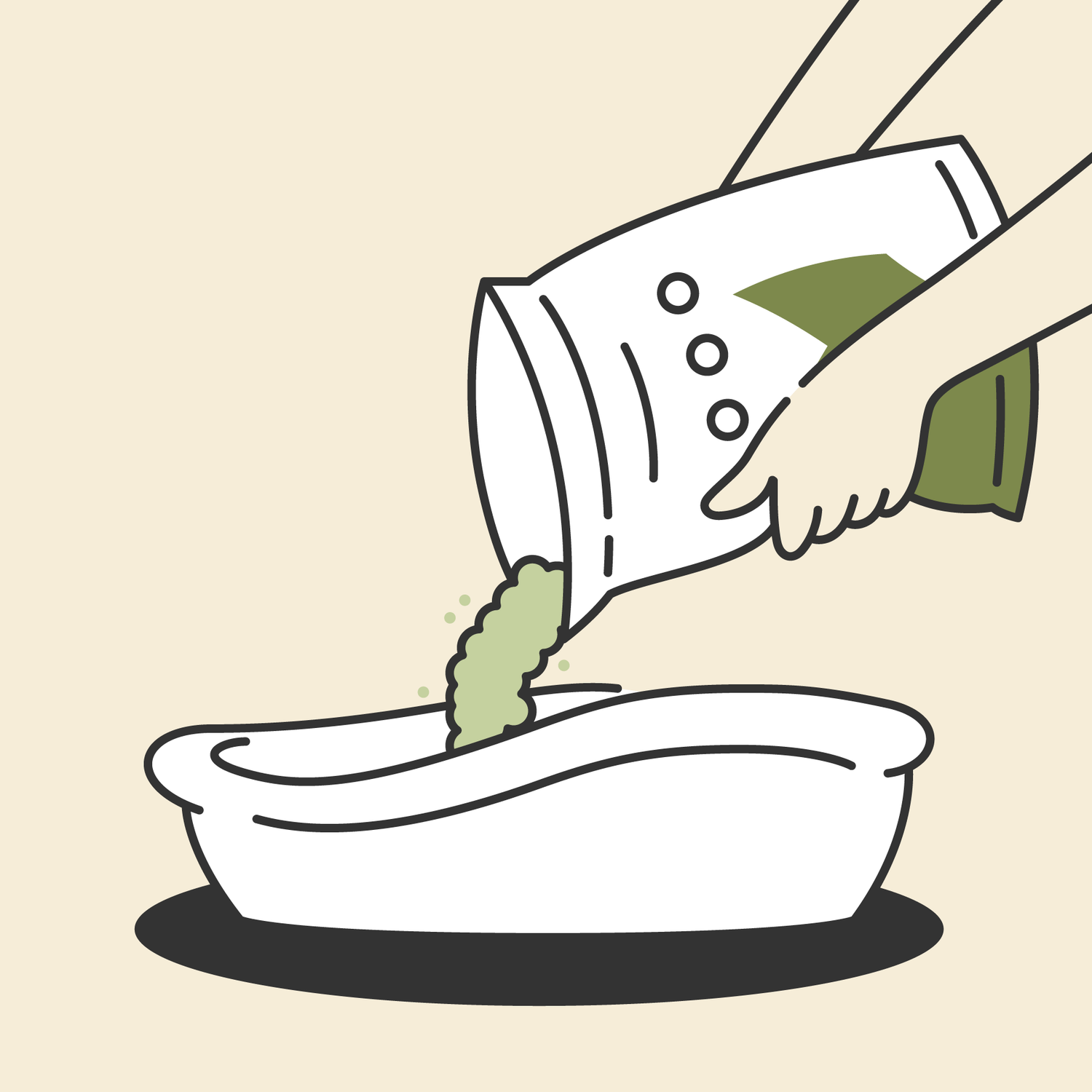 A lineart drawing of hands pouring SoyKitty litter from a bag into a litter box. 