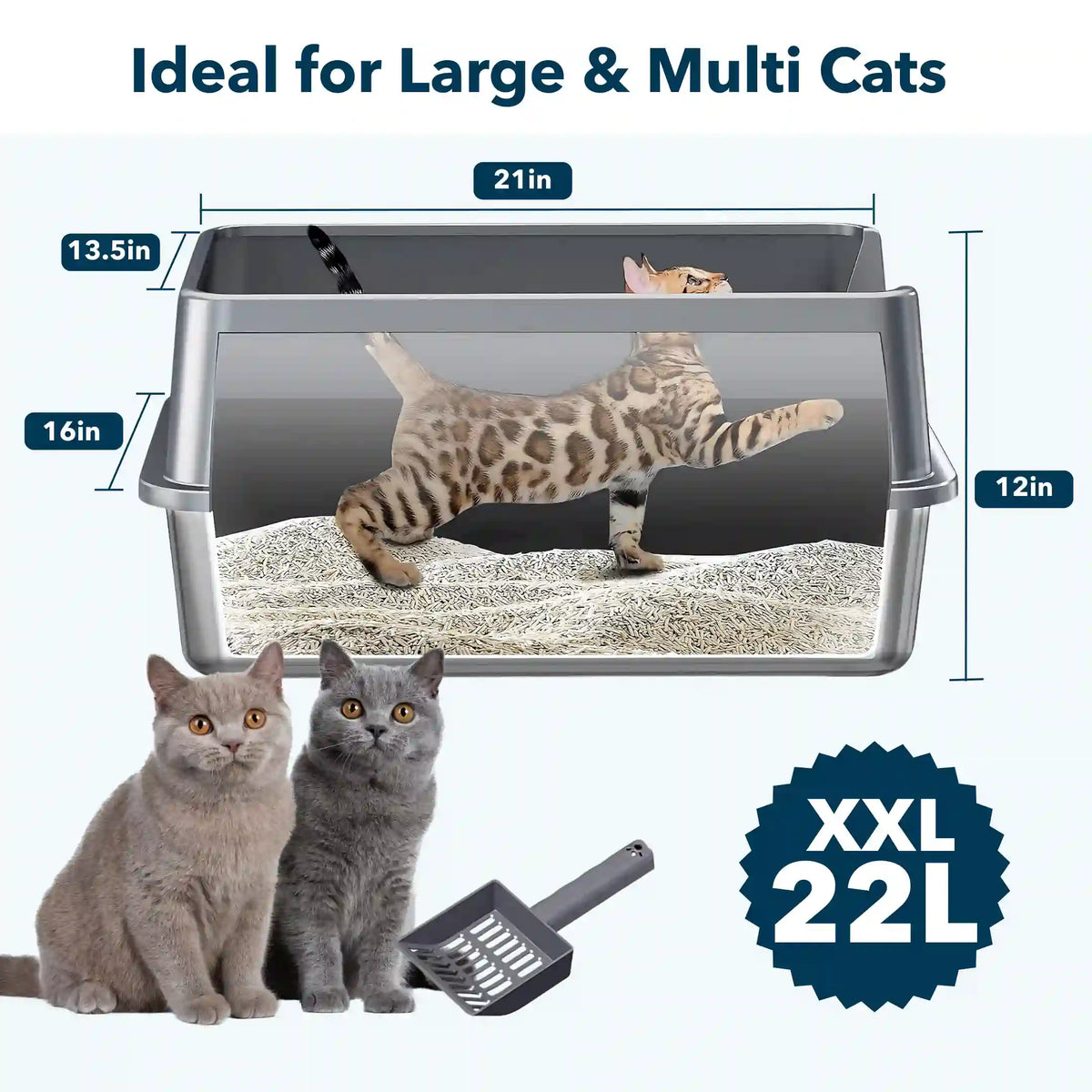 XXL Stainless Steel Cat Litter Box with Lid &amp; Scoop