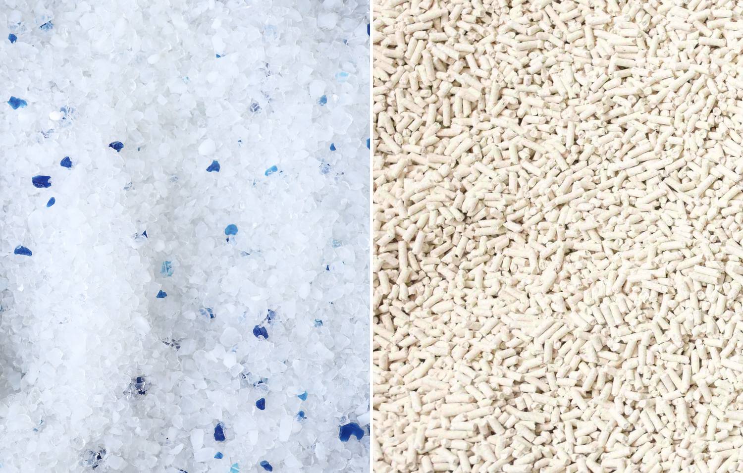 Side-by-side comparison of traditional silica cat litter (left) and SoyKitty’s unscented natural clumping litter (right), highlighting the difference in texture, eco-friendliness, and safety for cats.