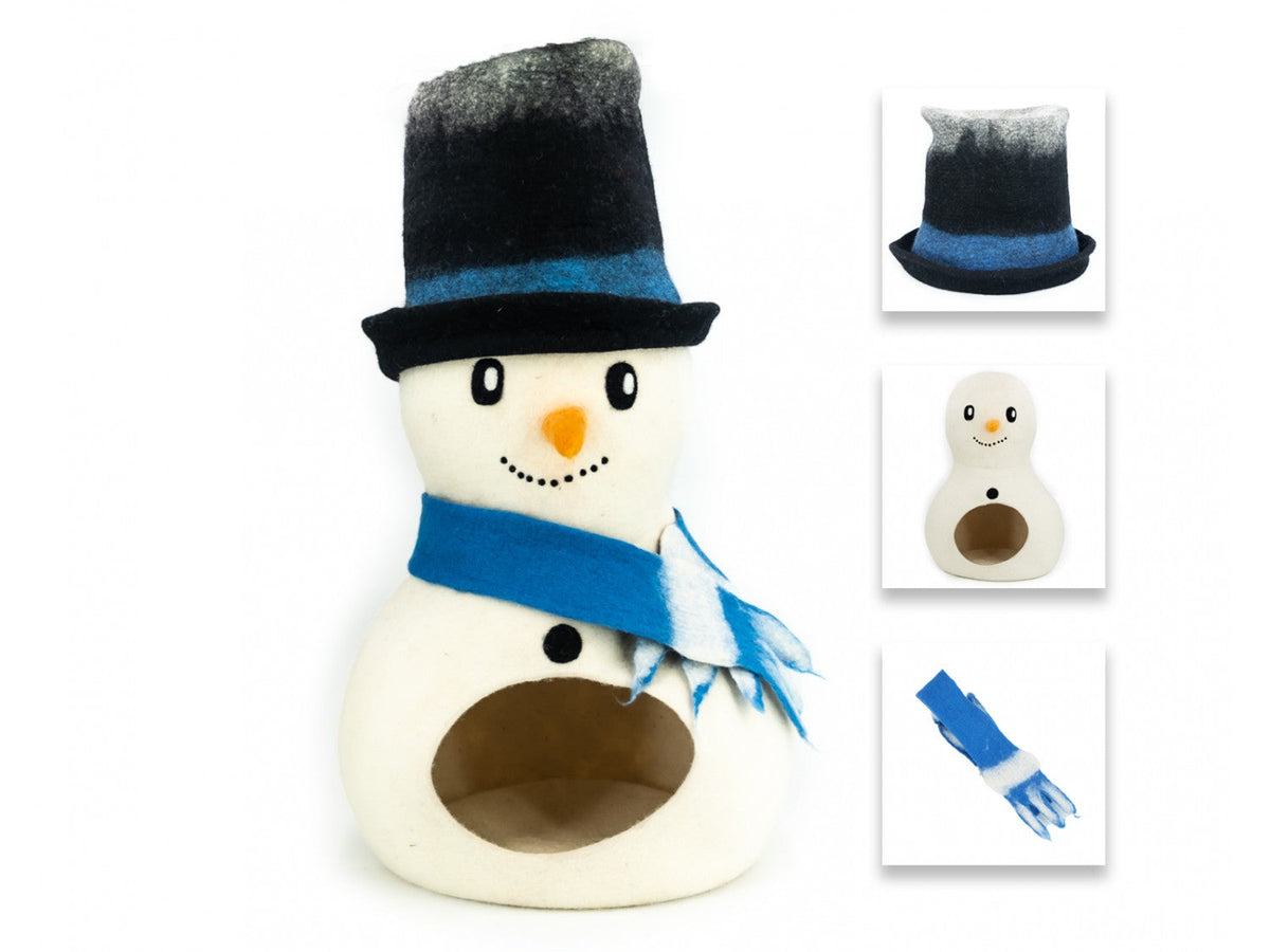 Snowman-shaped birdhouse with a black top hat, blue scarf, and white face on a white background.