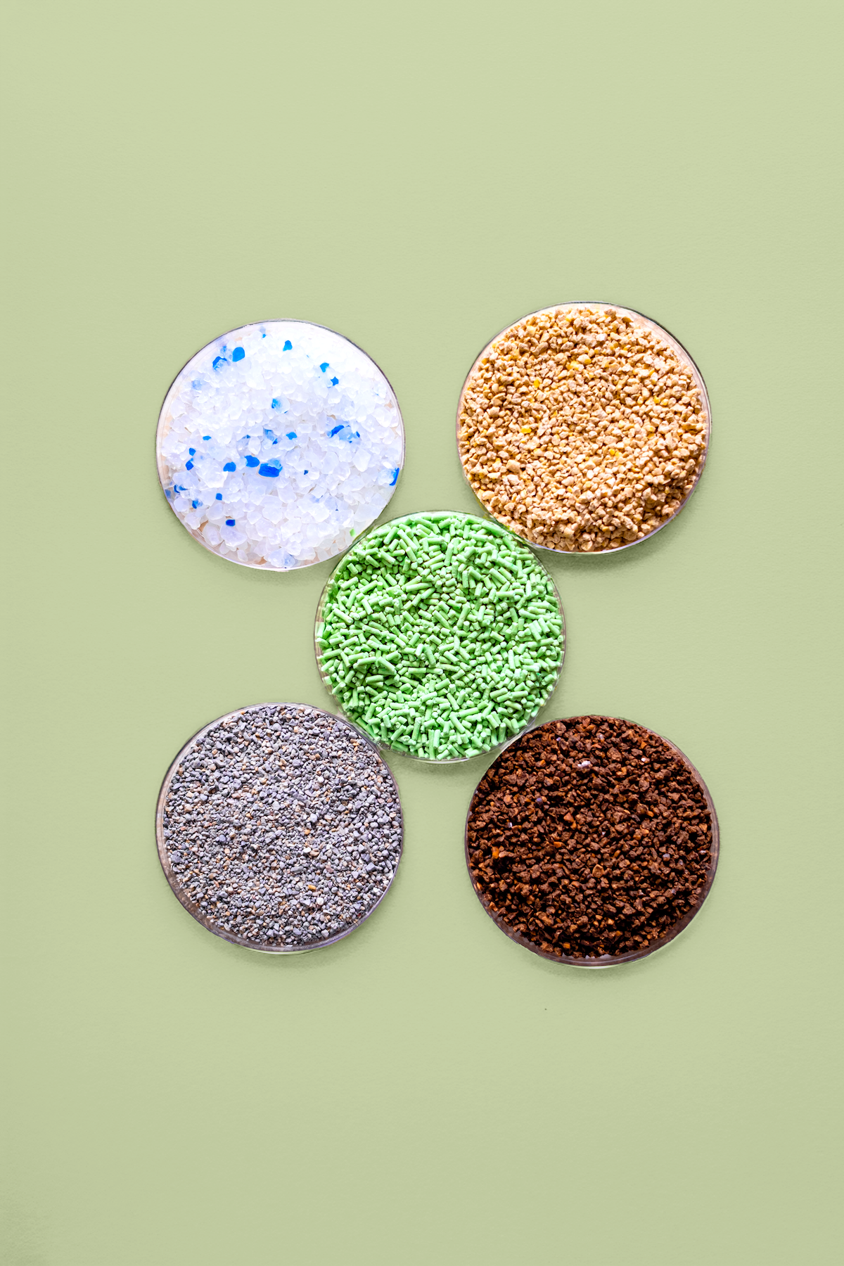 A visual comparison of different cat litters in round containers, including SoyKitty’s green, plant-based litter alongside silica gel, clay, and other alternatives